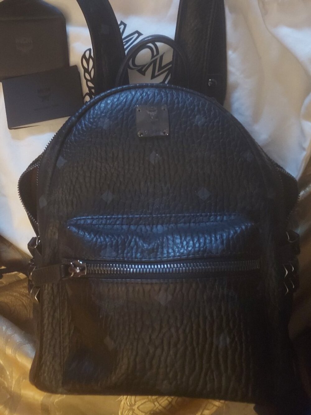 MCM BAG BK LEATHER STARK BACKPACK GUNMETAL PYRAMID STUDS BLING MED NWT UNISEX